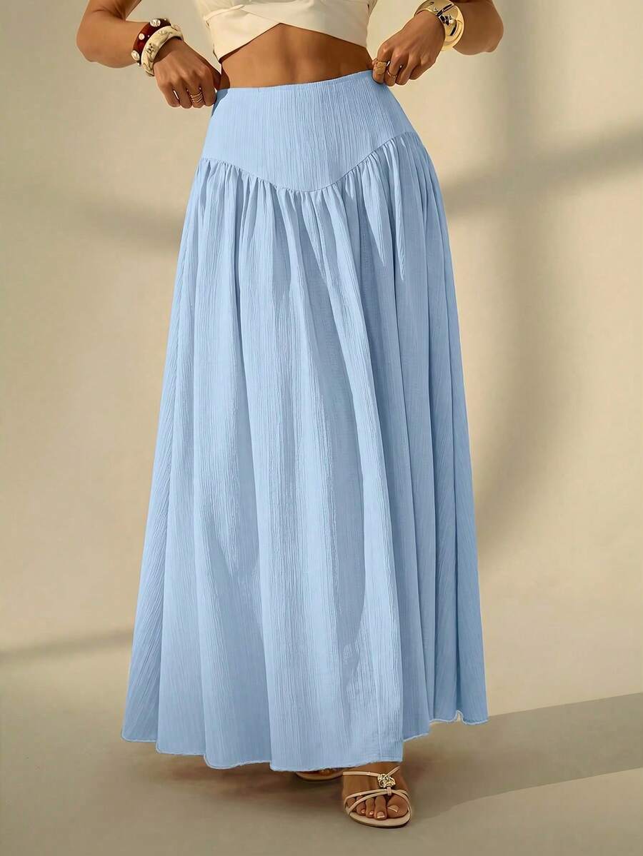 SHEIN Tall 女款純色百褶休閒度假裙,適合高個女性 - 淺藍色 - 查看 1