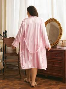 Côtesoire Plus Size Women's Romantic Elegant Satin Camisole Maxi Dress & Robe Pajama Set - Baby Pink - View 2