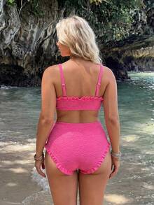 SHEIN Swim 大尺碼女款 2 件式隨機布料休閒泳裝套裝 - 玫紅色 - 查看 2