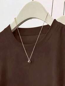 SHEIN Women's Solid Color Round Neck Short Sleeve Pleated Casual Versatile T-Shirt - Coffee Brown - View 3