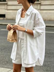 Trelyra Women's Loose Casual Shirt And Shorts 2 Pieces Set Daytime White Autumn - White - View 6