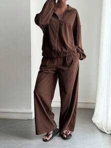 DAZY Women's Fashion Versatile Zipper Long Sleeve Shirt And Pocket Pants 2 Pieces Set Lounge Sets For Women - Brown - View 12