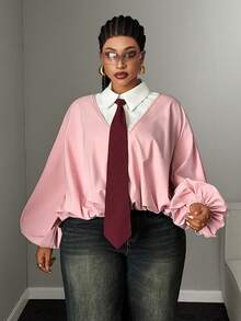Mawevolt Plus Size Long Sleeve Preppy Sweet Elegant Commute Office Shopping Blouse - Pink - View 1