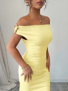 Rafferiza Elegant Ruched Off Shoulder Metallic Accent Formal Dress For Women - Light Yellow - View 7