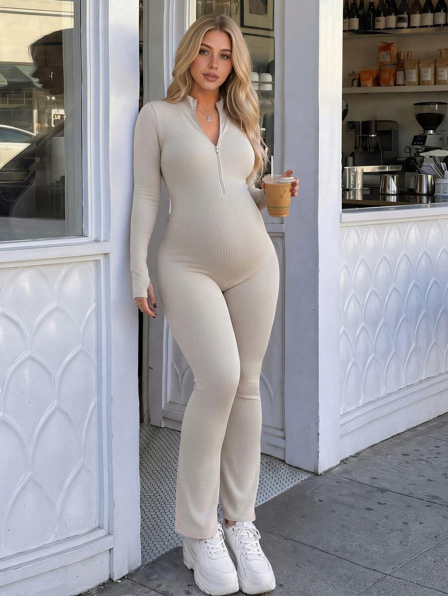 SHEIN Đồ thể thao bầu liền thân tay dài quần dài mùa thu - Màu Khaki - Xem 1
