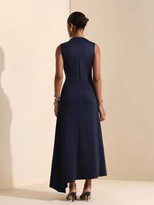 Vesra Women's Elegant Sleeveless Dress With Stand Collar, One-Side Ruched Ring Buckle Decor And Flared Draped Hem - Navy Blue - View 2