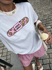 INAWLY Damen Sommer Lässig T-Shirt mit Buchstaben- und Skateboard-Muster, weiter Rundhalsausschnitt, Kurzarm, Damenshirt mit Grafik-Muster - Weiss - Übersicht 1