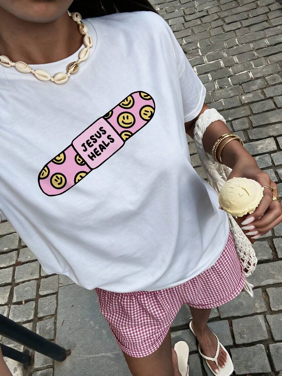 INAWLY Damen Sommer Lässig T-Shirt mit Buchstaben- und Skateboard-Muster, weiter Rundhalsausschnitt, Kurzarm, Damenshirt mit Grafik-Muster - Weiss - Übersicht 1