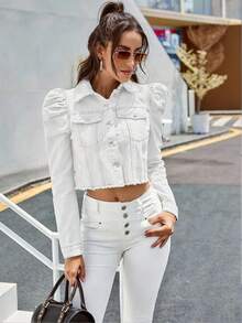 SHEIN Privé 女款羊腿袖單排扣休閒毛邊牛仔夾克 - 白色 - 查看 6
