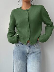 SHEIN Tall CURVE 大尺碼女款休閒商務休閒純色圓領長袖寬鬆短版針織開襟衫，辦公正式穿搭，橄欖綠，秋季 - 綠色 - 查看 5
