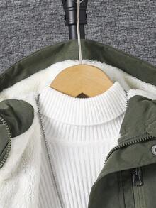 SHEIN 男童軍綠色連帽工裝口袋羽絨填充外套，適合外出、學校與居家穿著，附抓絨內裡 - 軍綠色 - 查看 6