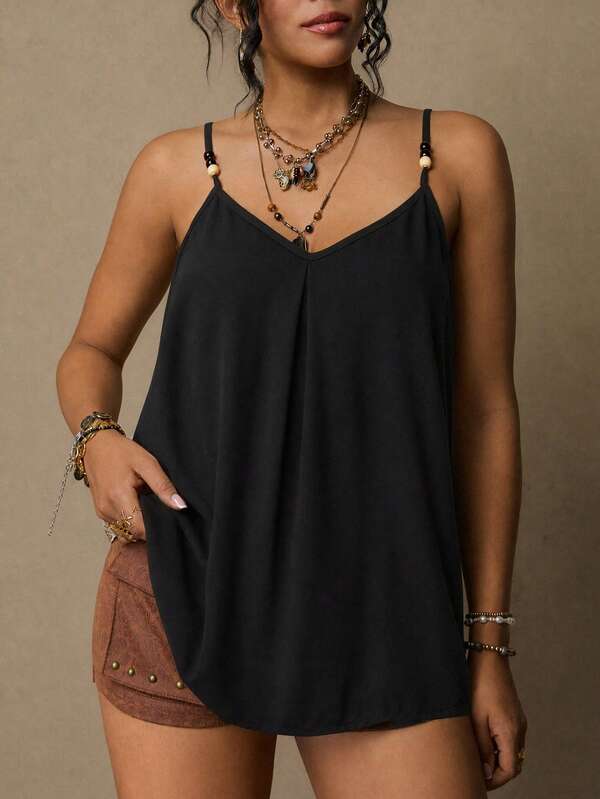 Freevana Plus Size Bohemian Casual Elegant V-Neck Silk-Like Camisole With Beaded Straps, Versatile Layering Or Standalone Top Fall