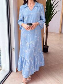 Al Najma 優雅領口洋裝，泡泡印花與荷葉邊下擺 - 藍色 - 查看 6