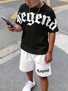 青少年男孩休閒舒適時尚極簡圓領短袖T恤與短褲套裝，經典酷哥德文字圖案印花，適合街頭穿搭，適合春夏 - 彩色 - 查看 5