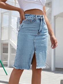 SHEIN Frenchy 女款時尚百搭鈕扣口袋前開衩牛仔裙 - 藍色 - 查看 3