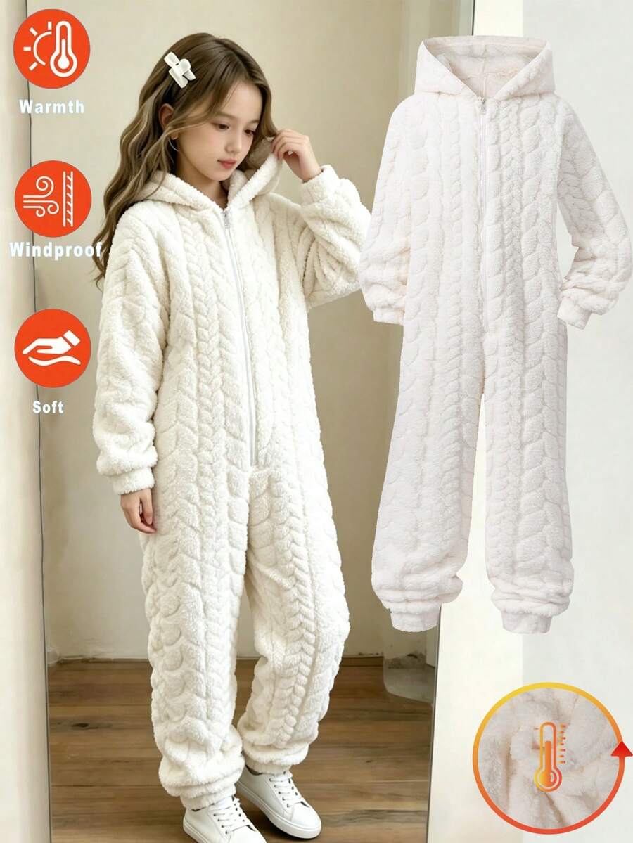 SHEIN 秋冬女童加厚提花珊瑚絨連帽連身褲,拉鍊袖口軟雲絨不掉毛寬鬆口袋一體式連身褲,學生可穿防寒極簡純色親膚法蘭絨連身褲,適合中大童 - 杏色 - 查看 1