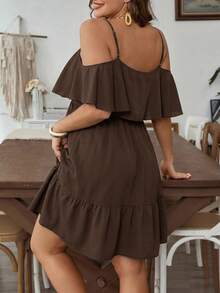 SHEIN VCAY Vestido de mujer talla grande unicolor vacaciones patchwork volantes hombros descubiertos - Café integral - Ver 2