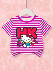 HELLO KITTY AND FRIENDS | SHEIN Cartoon & Striped Print Round Neck Casual Short Sleeve T-Shirt For Young Girls - White - View 1