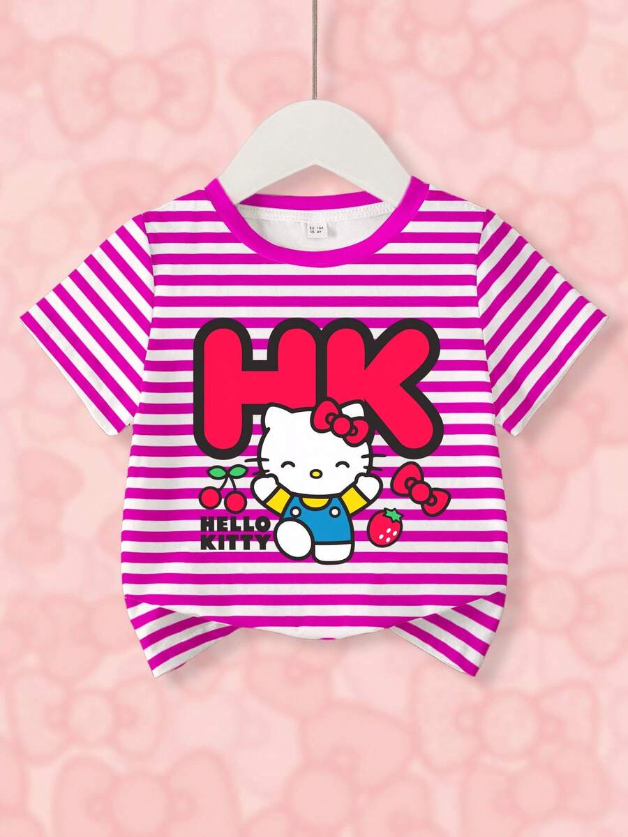 HELLO KITTY AND FRIENDS | SHEIN Cartoon & Striped Print Round Neck Casual Short Sleeve T-Shirt For Young Girls - White - View 1