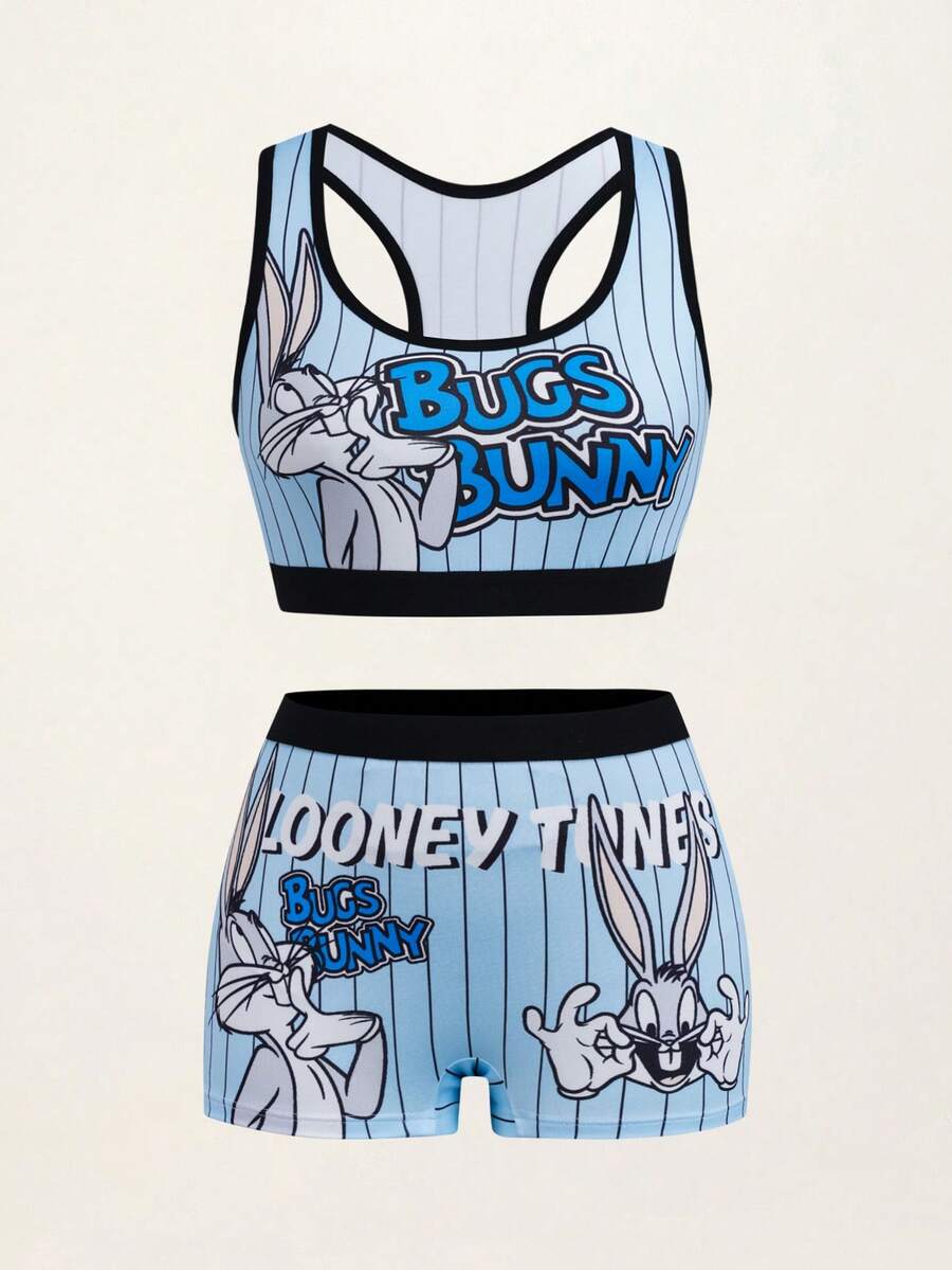 LOONEY TUNES X SHEIN Women's Striped Cartoon Print Lingerie Set - Blue - View 1