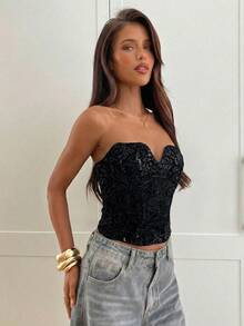 Aloruh Women's Solid Color Sequin Design Sexy Bandeau Top,Summer Top - Black - View 6