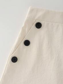 GlowEve Women's Solid Color High Waist Button Design Pocket Casual Skirt - Apricot - View 6