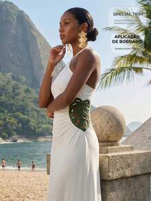 CAJUNI Vestido de vacaciones para mujer con bordado, calado, plisado, cuello halter y lazo en la cintura - Crema - Ver 7