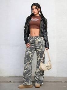 SHEIN Jeanoir 休閒樹枝印花直筒牛仔褲 - 彩色 - 查看 4