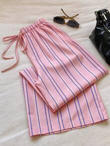 SHEIN EZwear 女款休閒街頭風條紋拼接抽繩腰長褲 - 彩色 - 查看 3