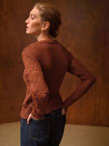 MOTF PREMIUM WOMEN SOLID FLORAL PATTERN POINTELLE KNIT SWEATER - Burgundy - View 6