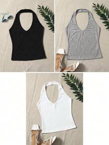 SHEIN EZwear 3件組大尺碼女款純色休閒柔軟修身百搭日常穿搭掛脖上衣 正式度假風 黑白色 夏季 - 彩色 - 查看 4