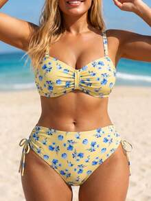 Swim Lushoire Set Bikini Bandeau Wanita Ukuran Plus Terbaru Musim Panas 2026 dengan Motif Manis dan Lucu, 2 Potong, Dilengkapi Bawahan Segitiga Berpinggang Tinggi dan Detail Kerut di Samping. - Kuning - View 3