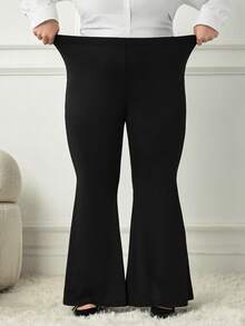 SHEIN CURVE+ Plus Size Casual Versatile Solid Color Flare Pants Fall - Black - View 4