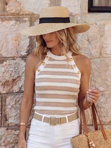 EMERY ROSE Women's Minimalist Button Decor Striped Halter Neck Tight Top, Summer - Brown - View 1