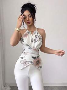 Elenzga Women's Spring/Summer Exquisite Elegant Butterfly Floral Print Spaghetti Strap Crossover Tie Waist Slimming Fitted Camisole Top - Multicolor - View 7