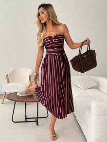 SHEIN LUNE Women's Casual 70s Retro Elegant Burgundy Stripe Metal Buckle Decor Summer Vacation Commute Vacation Daily Sleeveless Bandeau Midi Dress Brunch Party - Burgundy - View 3