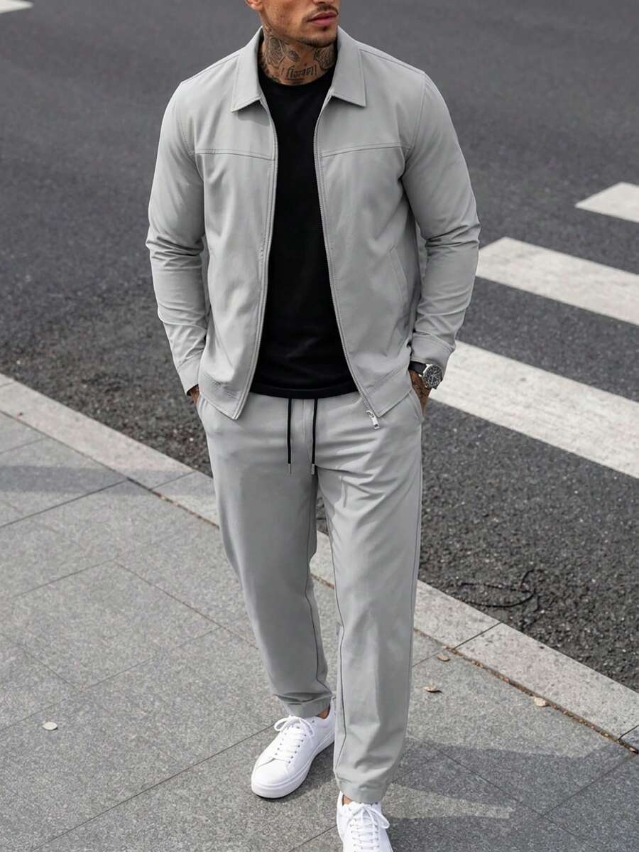 Manfinity CasualCool 男士休閒素色拉鍊夾克套裝,灰色,兩件套 - 深灰色 - 查看 1