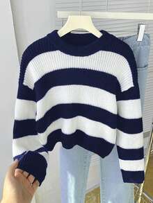 SHEIN 女童秋冬時尚簡約厚針織長袖上衣 - 藏蓝色 - 查看 1