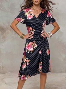Solivie Women's Floral Print Overlap V-Neck Ruffle Short Sleeve Elegant Midi Dress Brunch Black And Pink Summer - Black - View 6