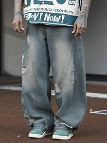 Devon Thys 1条复古做旧拼接筒腿牛仔裤，休闲宽松嘻哈风男士牛仔裤 - 藍色 - 查看 6