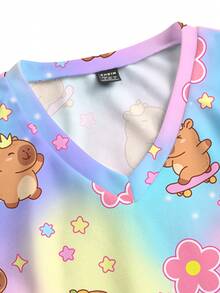 PopScrub Casual Minimalist Scrub Scrub Uniform Top With Capybara Print Pattern, Cute Style, Suitable For Work Commute And Pet Hospital - Multicolor - View 4