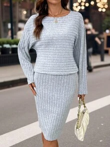 Editum Setelan Kasual 2 Potong Wanita Warna Polos, Kerah Bulat, Lengan Panjang, Bergaris, Cocok untuk Acara Santai Sehari-hari, Warna Abu-abu, Musim Gugur - Grey - View 7