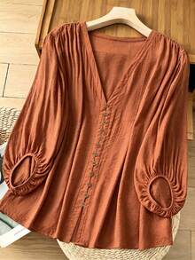 Linhara Plus Size Women Solid Color Button Design Lantern Sleeve Casual Blouse Fall - Orange - View 1