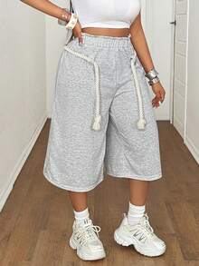 SHEIN CURVE+ Women's Plus-Size Summer Casual Sportswear Grey Sweatpants, Capri Design, White Chunky Rope Detailing, Suitable For Everyday Casual Wear, Versatile Item, Sportswear. - Grey - View 5