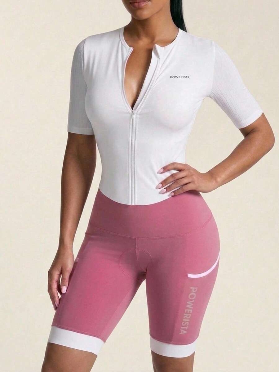SHEIN BAE Women's Summer Workout Sportswear White Crew Neck Zip-Up Breathable Short Sleeves T-Shirt And Pink Shorts Pockets With Reflective Lettering Cycling Outfit