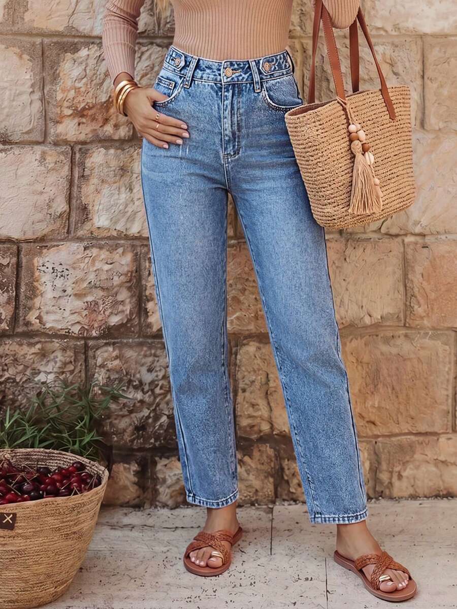 EMERY ROSE Women Jeans Tombol Kantong Zip Plain - Light Wash - View 1