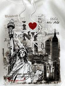 SHEIN EZwear 秋季新款 I Love New York 個性化標語塗鴉印花圖案休閒極簡印花連帽長袖寬鬆加厚女款衛衣，秋季上衣，適合日常通勤、聚會、秋冬/夏季、聖誕節、新年、感恩節、派對、婚禮、海灘、畢業典禮、優雅、外出、約會、通勤、情人節、優雅 - 白色 - 查看 3