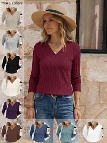 EMERY ROSE LUNE V-Neck Brushed Ribbed Women Top, New Cross-Border Trading Autumn/Winter Collection Fall Cloth For Women - Burgundy - View 3