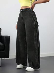 SHEIN ICON 女款休閒寬鬆牛仔褲，蝴蝶結裝飾，黑色秋季款 - 黑色 - 查看 7