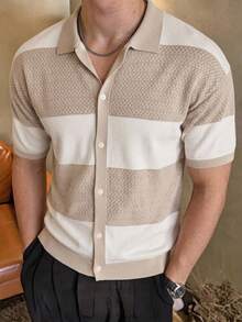 Claim Dot Men's Colorblock Single-Breasted Casual Versatile Daily Wear Knit Sweater - Apricot - View 1